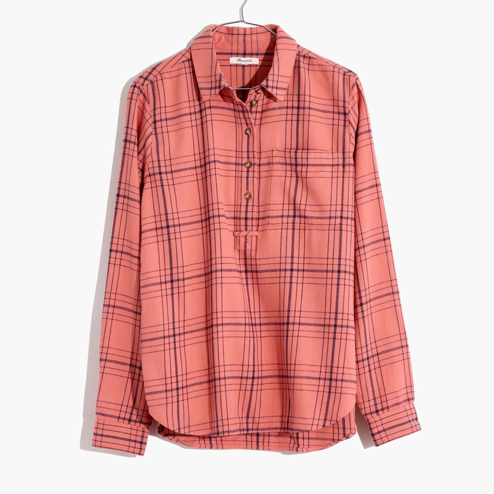 madewell | flannel popover shirt colcord plaid salmon pink m